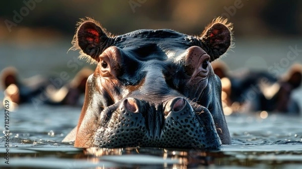 Fototapeta Hippopotamus Basking in Cool River Waters with Head Emerging from Surface