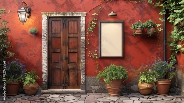 Obraz Inviting entrance of an Italian restaurant, featuring a blank menu board to greet and inform