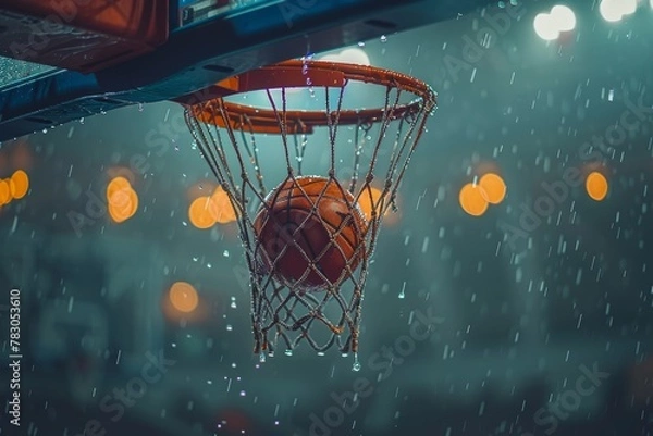 Fototapeta A detailed shot of a basketball in a net during rainfall with orange bokeh lights adding depth and ambiance