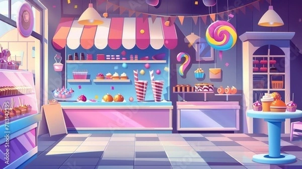 Fototapeta A candy shop empty interior with pastry, a cashier desk, shelves and tables with chocolates, candycanes, and lollipops for sale, a banner with typography sweets decorate life cartoon modern