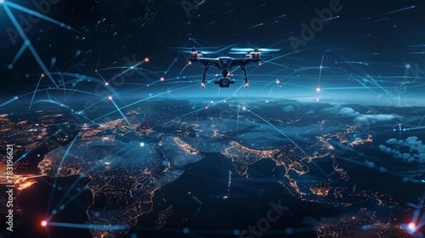 Fototapeta Global business networks visualized through a high-tech drone scanning a digitally enhanced world map