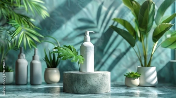 Fototapeta Eco-Friendly Skincare Product Amidst Lush Green Plants.