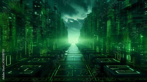 Fototapeta Futuristic Cityscape With Neon Green Glow at Night