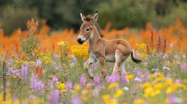 Fototapeta   A foal gallops through an orange, pink, yellow, and purple wildflower field