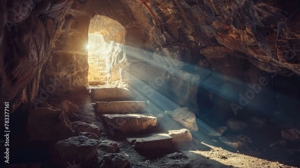 Fototapeta Resurrection of Jesus Christ. Religious Easter background, with strong light rays shining through the entrance into the empty stone tomb. Artistic strong vignette, contrast, dramatic dark-light edit