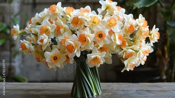 Fototapeta   A vase, brimming with an array of white and orange blooms, sits atop a weathered wooden table Nearby, a potted plant adds verdant contrast