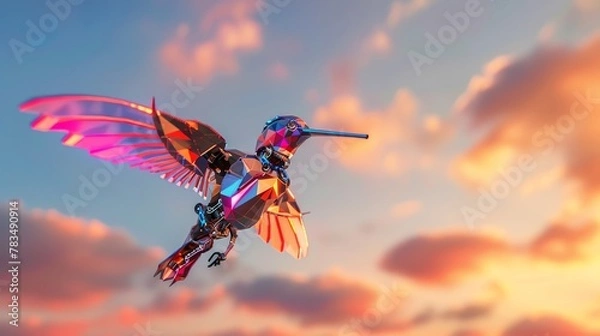 Fototapeta Capture a metallic, sleek hummingbird robot mid-flight against a vibrant sunrise sky in CG 3D rendering