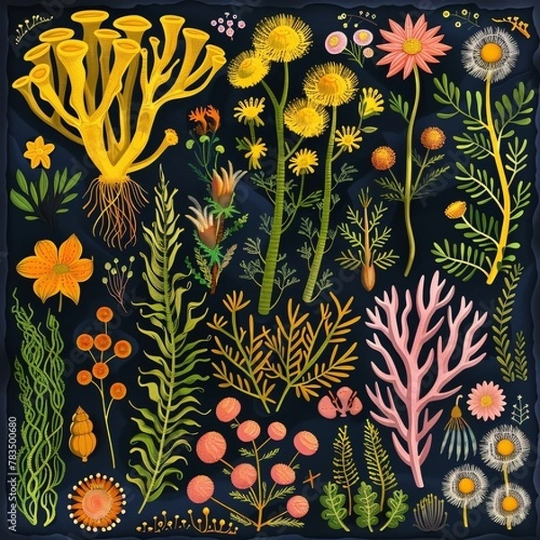 Fototapeta A botanical illustration of various flowers and plants in the style of FFc26, on a dark navy blue background, with yellow sea anemonelike structures, pink corals, orange dandelions, green mosses, feat