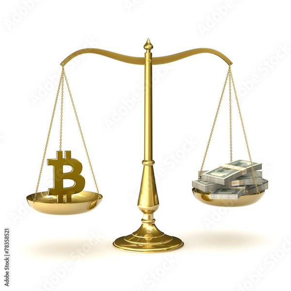 Fototapeta Scales of justice with bitcoin symbol and hundred dollar bills