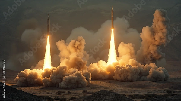 Fototapeta Multiple missiles launching from a desert terrain, accompanied by fiery exhaust and billowing smoke.