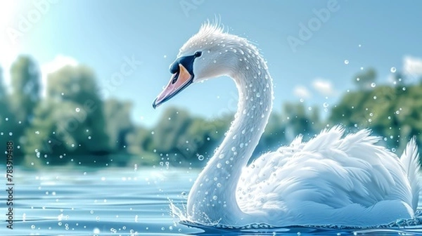 Fototapeta   A pristine white swan glides atop a tranquil lake, bordering a dense, verdant forest The water around the swan is speckled with numerous white