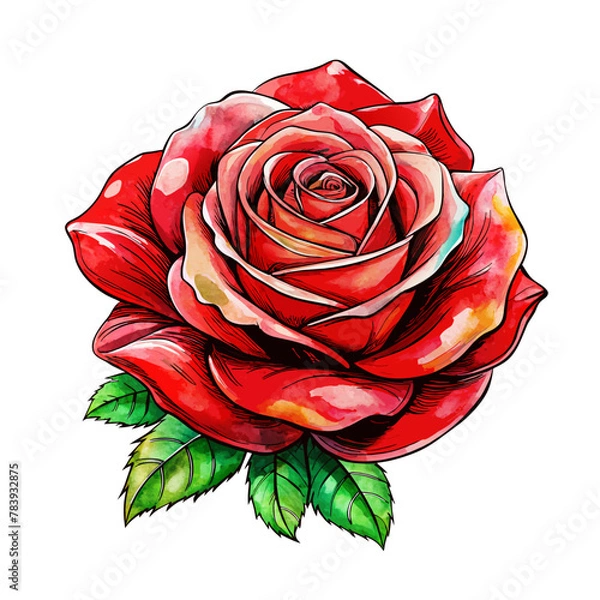 Fototapeta red watercolor rose flower with green leaves on white