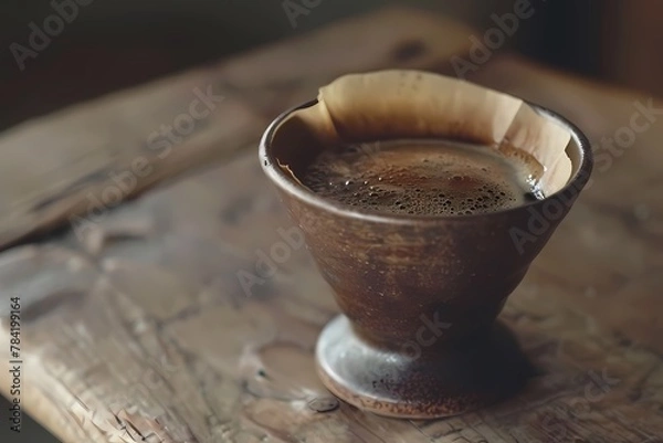 Fototapeta A close up photo of an ancient wooden coffee dripper, filled with black arabian fine filter. Ai generated