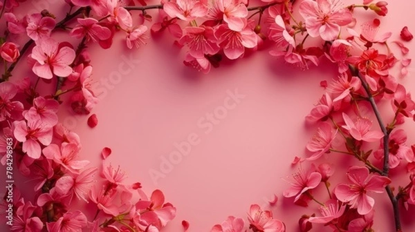 Fototapeta Cherry blossoms frame a heart-shaped space against a pink background, perfect for romantic messages. Delicate cherry blossoms create a natural heart-shaped frame against a soft pink background