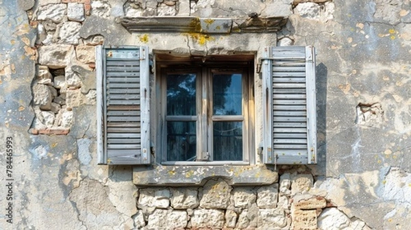 Fototapeta A window with shutters on a stone wall. Perfect for architectural design projects