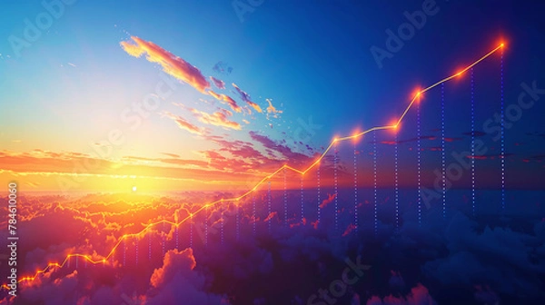 Fototapeta A graph line curving upwards from chaos to stability, depicting market recovery against a sunrise.