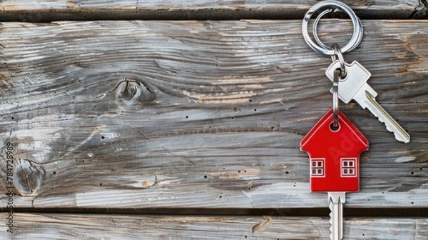 Fototapeta House key on a house shaped keychain resting on wooden floorboards concept for real estate. Space for text 