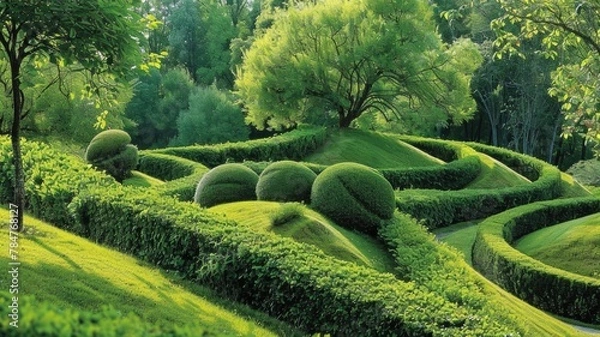 Fototapeta Lush green garden with sculpted hedges and topiaries creating intricate geometric patterns, a serene and artfully manicured landscape basking in the soft sunlight.