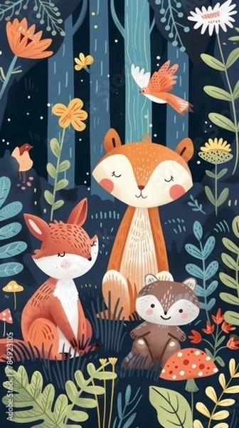 Fototapeta This magical illustration captures the tranquility of an enchanted forest filled with adorable foxes, charming birds, and a variety of whimsical plants.