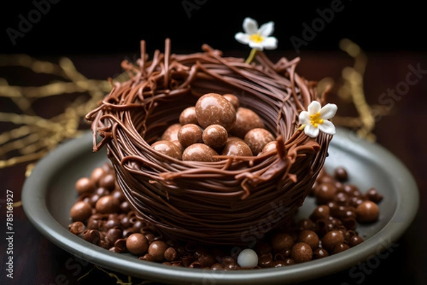 Fototapeta Chocolate Nest, Adorable and sweet Easter treat made with chocolate and edible decoration