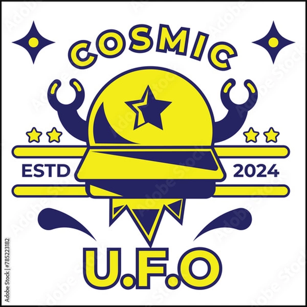 Fototapeta cosmic ufo illustration vector design with cute ufo in yellow and blue colors in simple style. suitable for logos, icons, posters, advertisements, banners, companies, t-shirt designs, stickers, web.