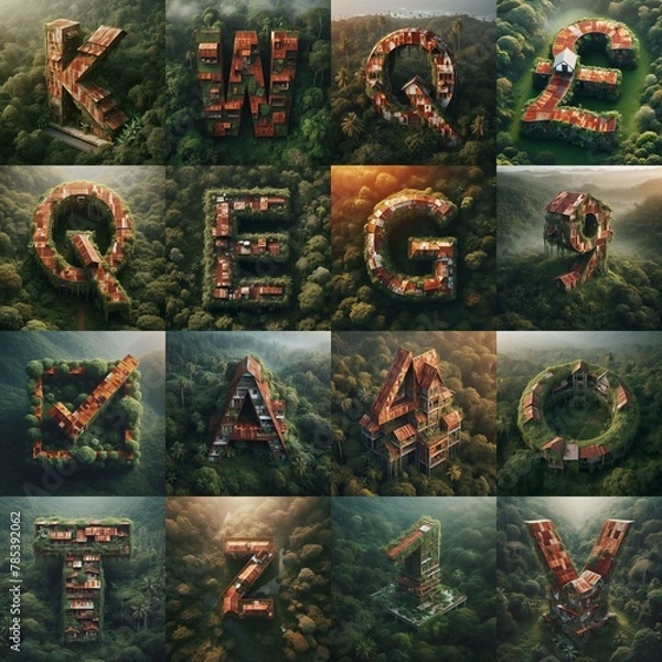 Fototapeta House in jungle lettering. AI generated illustration