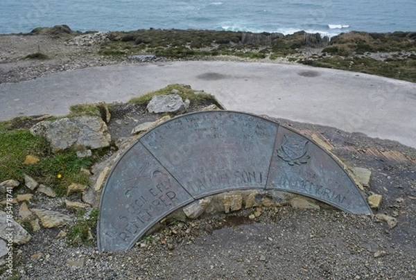 Fototapeta Crozon, France - Apr 5, 2024: Cap de la Chevre Coastal Battery is part of the Atlantic wall. Cloudy spring day. Here General Patton obtained the surrender of german General Rauch. Selective focus.