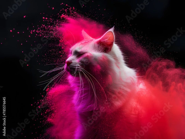 Obraz White fluffy cat through colored powder on a black background. AI generated. 