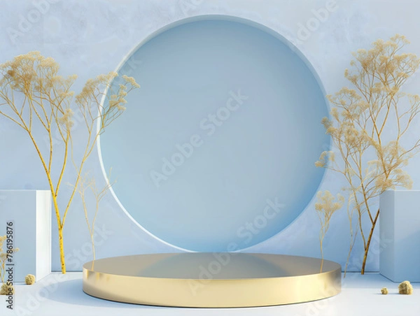 Fototapeta Blue with gold 3d podium. Pastel golden round scene render
