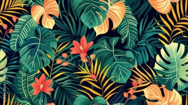 Fototapeta The refreshing allure of a seamless pattern filled with tropical elements such as exotic leaves with simple geometric shapes, offering a bright and cheerful summer jungle print perfect for infusing.