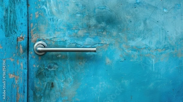 Fototapeta A blue painted cement wall with a handle made of stainless steel