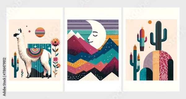 Fototapeta Bohemian Art Trio - Llama with Cacti, Mountains under Crescent Moon, and Desert Cacti Landscape Illustrations - Home Decor, Nursery, Wall Art