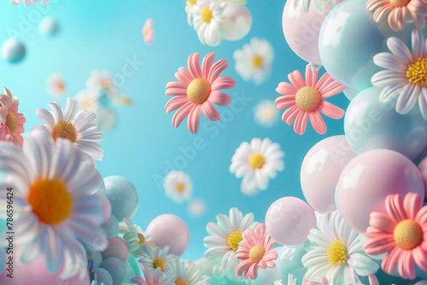 Fototapeta 3d render of colorful balloons and flowers on blue background. Abstract balloon spring floral background with space for text