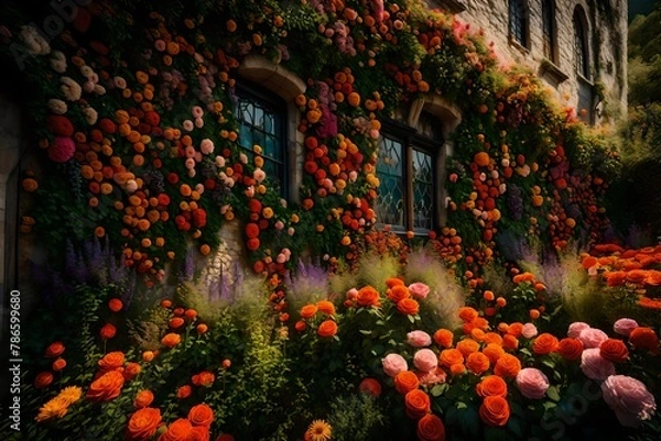 Fototapeta A vibrant tapestry of flowers covering a wall, a background alive with nature's hues.