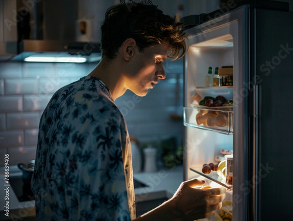 Fototapeta Close up portrait of a man getting up at night, picking up some food in the fridge