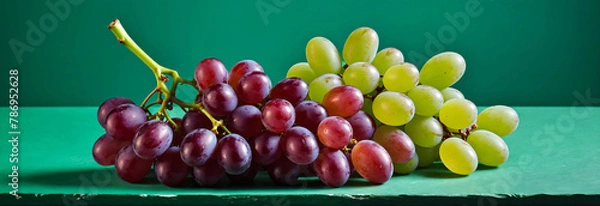 Fototapeta Studio shot of ripe red grapes and bunch of green grape lying against green background 