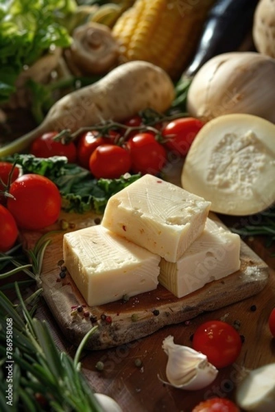 Fototapeta Fresh vegetables and cheese on a wooden cutting board. Perfect for food blogs or recipes