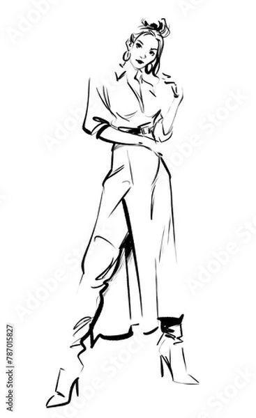 Fototapeta A woman is standing posing in classic contraposto dressed in a midi skirt with a slit going up her thigh, she is wearing a blouse and thigh high boots. Fashion sketch consisting of few lines. 