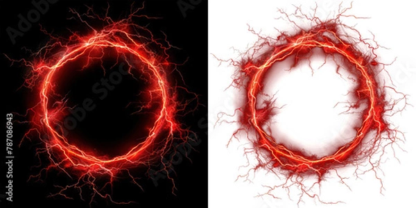 Fototapeta red abstract circle plasma lightning particle effect, ring with swirling glow particles visual effect layer overlay isolated black and transparent PNG background