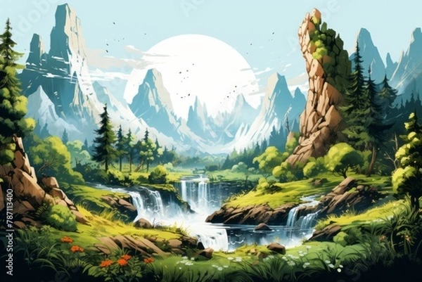 Fototapeta A painting depicting a mountain landscape with a cascading waterfall. The artwork showcases the majestic mountains in the background and a powerful waterfall flowing down the rocky terrain