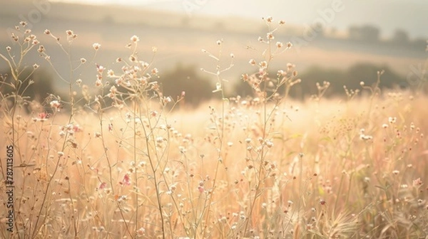 Fototapeta Late Summer View of Dry Grass and Wildflowers in a Field