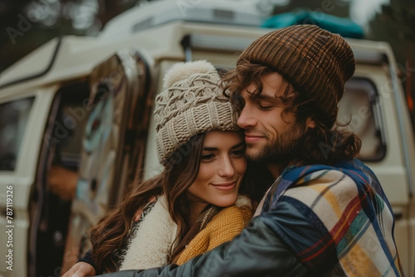 Fototapeta Couple hugging in front of motorhome