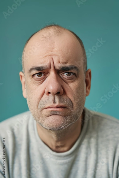 Fototapeta A sad middle-aged man with baldness on colored background. Banner template for scalp hair restoration products and procedures.