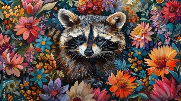 Fototapeta Watercolor artwork of a curious raccoon nestled in an explosion of floral blooms, vibrant colors bringing the scene to life