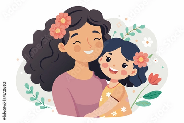 Fototapeta Cute Mother and daughter hugging. Happy Mother's day greeting card on white background