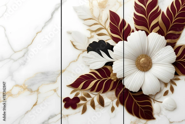 Fototapeta Home panel wall art three panels, marble with golden, white and maroon flowers and leaves and feather silhouette