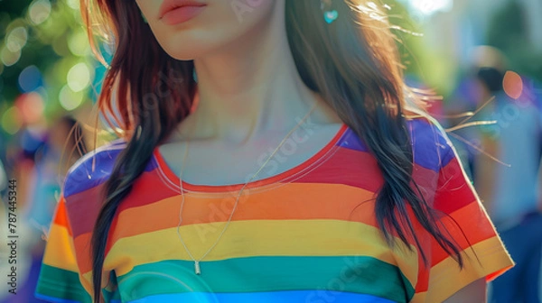 Fototapeta Close up of anonymous young woman wearing pride colors t-shirt .