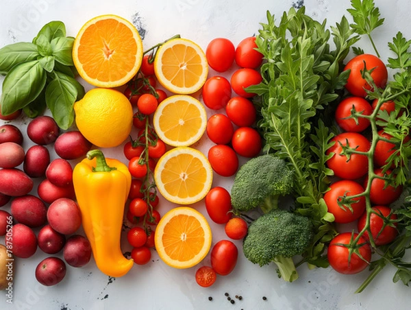 Fototapeta Top view of fruits and vegetables arranged neatly on a table