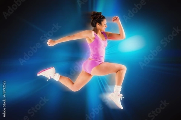 Fototapeta Composite image of fit brunette running and jumping