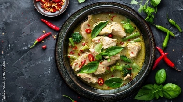 Fototapeta Chicken green curry Asian food, Beef green curry Thai food on a soup bowl with a mixture of herbs, vegetables and Thai red chilli spices. Top view.